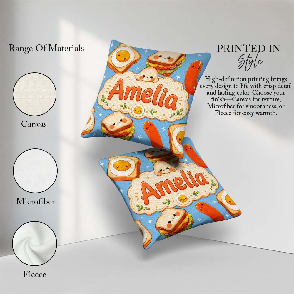 Custom Name Breakfast Food Eggs Sausage Sandwich Seamless Blue Square Filled Cushion Throw Pillow Sofa Bed Home Decor Zip Washable UK Made
