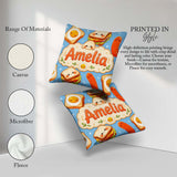 Custom Name Breakfast Food Eggs Sausage Sandwich Seamless Blue Square Filled Cushion Throw Pillow Sofa Bed Home Decor Zip Washable UK Made