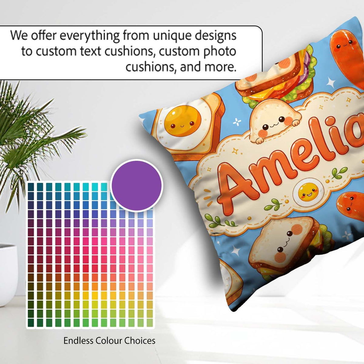 Custom Name Breakfast Food Eggs Sausage Sandwich Seamless Blue Square Filled Cushion Throw Pillow Sofa Bed Home Decor Zip Washable UK Made