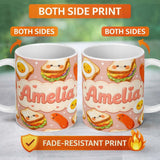 Personalized Custom Name Breakfast Food Eggs Sausage Sandwich Seamless Pattern Peach 11oz Ceramic Coffee Tea Mug White Large Handle