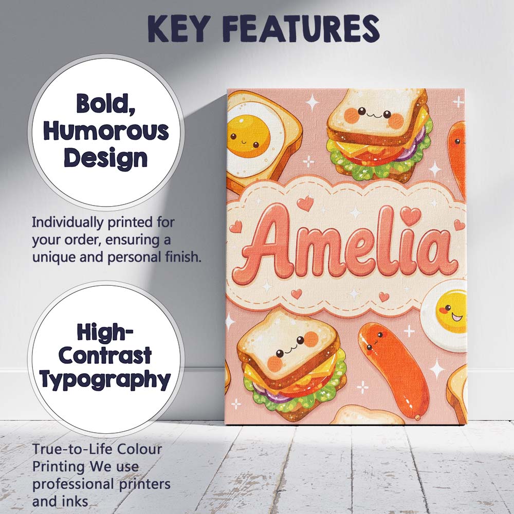 Personalised Name Breakfast Food Eggs Custom Modern Room Accent Creative Decorator Style Canvas Wall Art Print Decor Picture Ready to Hang