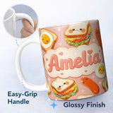 Personalized Custom Name Breakfast Food Eggs Sausage Sandwich Seamless Pattern Peach 11oz Ceramic Coffee Tea Mug White Large Handle