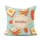 Custom Name Breakfast Food Eggs Sausage Sandwich Seamless Teal Square Filled Cushion Throw Pillow Sofa Bed Home Decor Zip Washable UK Made
