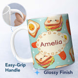 Personalized Custom Name Breakfast Food Eggs Sausage Sandwich Seamless Pattern Teal 11oz Ceramic Coffee Tea Mug White Large Handle