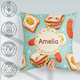 Custom Name Breakfast Food Eggs Sausage Sandwich Seamless Teal Square Filled Cushion Throw Pillow Sofa Bed Home Decor Zip Washable UK Made