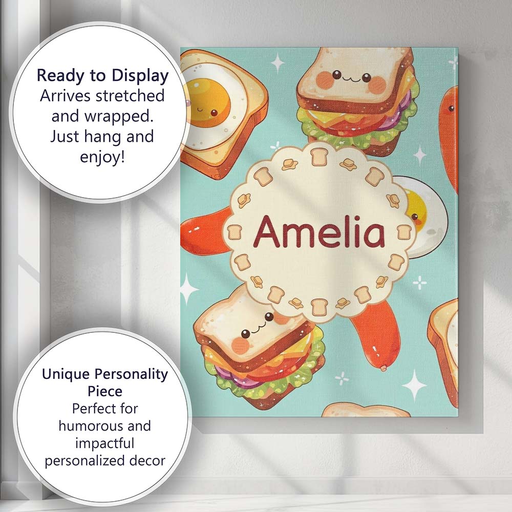 Personalised Name Breakfast Food Eggs Custom Modern Room Accent Creative Decorator Style Canvas Wall Art Print Decor Picture Ready to Hang