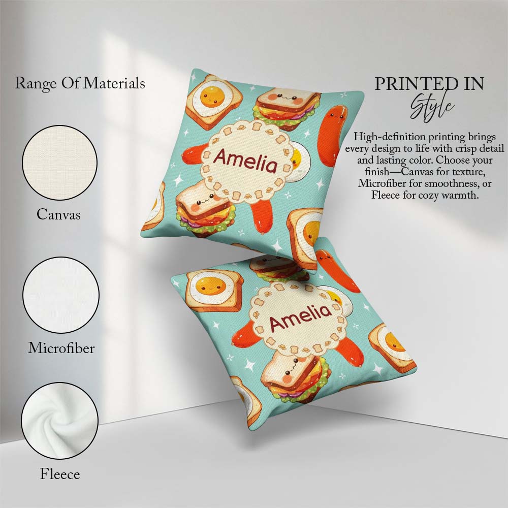 Custom Name Breakfast Food Eggs Sausage Sandwich Seamless Teal Square Filled Cushion Throw Pillow Sofa Bed Home Decor Zip Washable UK Made