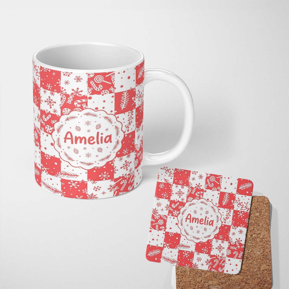 Personalized Custom Name Festive Candy Cane Snowflake Checkerboard Christmas Seamless Pattern 11oz Ceramic Coffee Tea Mug White Large Handle