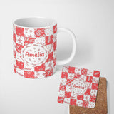 Personalized Custom Name Festive Candy Cane Snowflake Checkerboard Christmas Seamless Pattern 11oz Ceramic Coffee Tea Mug White Large Handle