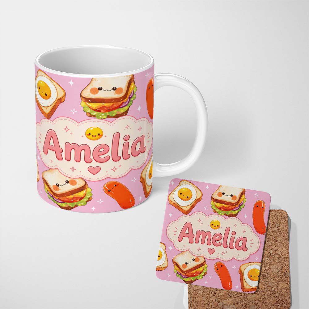 Personalized Custom Name Breakfast Food Eggs Sausage Sandwich Seamless Pattern Pink 11oz Ceramic Coffee Tea Mug White Large Handle