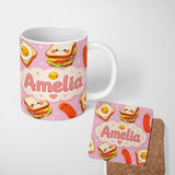 Personalized Custom Name Breakfast Food Eggs Sausage Sandwich Seamless Pattern Pink 11oz Ceramic Coffee Tea Mug White Large Handle