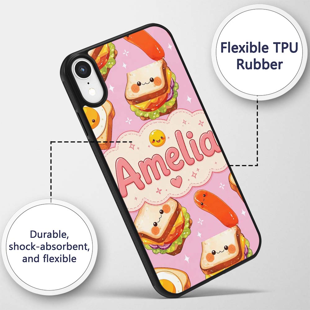 Breakfast Food Eggs Sausage Sandwich Seamless Custom Name Protective Phone Case Mobile Cover Durable Everyday Smartphone Shock Resistant