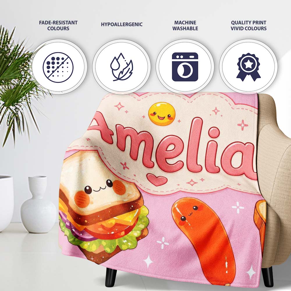 Breakfast Food Eggs Sausage Sandwich Seamless Pattern Pink  Personalised Custom Name Super Soft Fleece Blanket Bed Sofa Throw