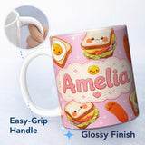 Personalized Custom Name Breakfast Food Eggs Sausage Sandwich Seamless Pattern Pink 11oz Ceramic Coffee Tea Mug White Large Handle