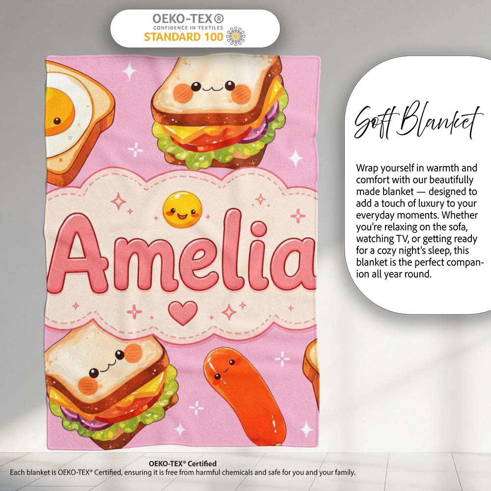 Breakfast Food Eggs Sausage Sandwich Seamless Pattern Pink  Personalised Custom Name Super Soft Fleece Blanket Bed Sofa Throw