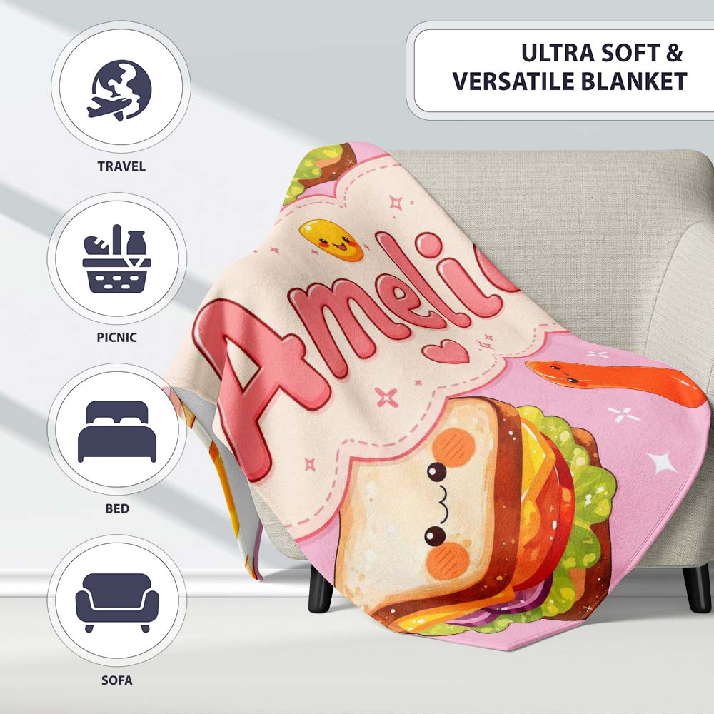 Breakfast Food Eggs Sausage Sandwich Seamless Pattern Pink  Personalised Custom Name Super Soft Fleece Blanket Bed Sofa Throw