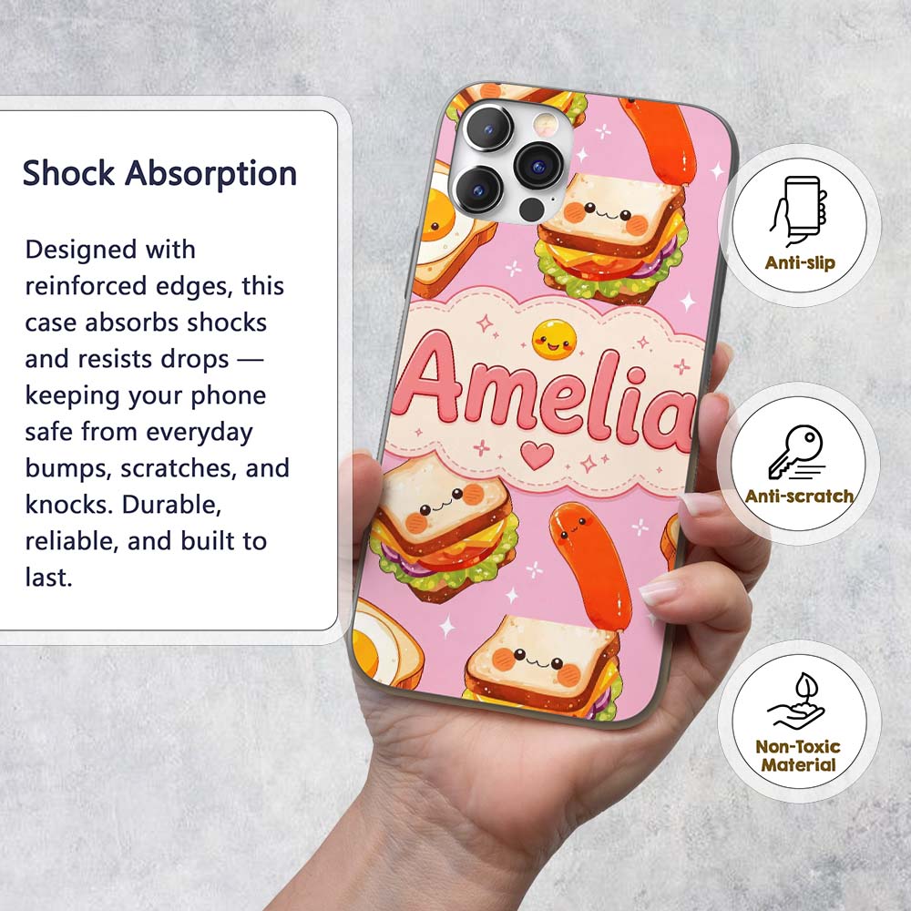 Breakfast Food Eggs Sausage Sandwich Seamless Custom Name Protective Phone Case Mobile Cover Durable Everyday Smartphone Shock Resistant