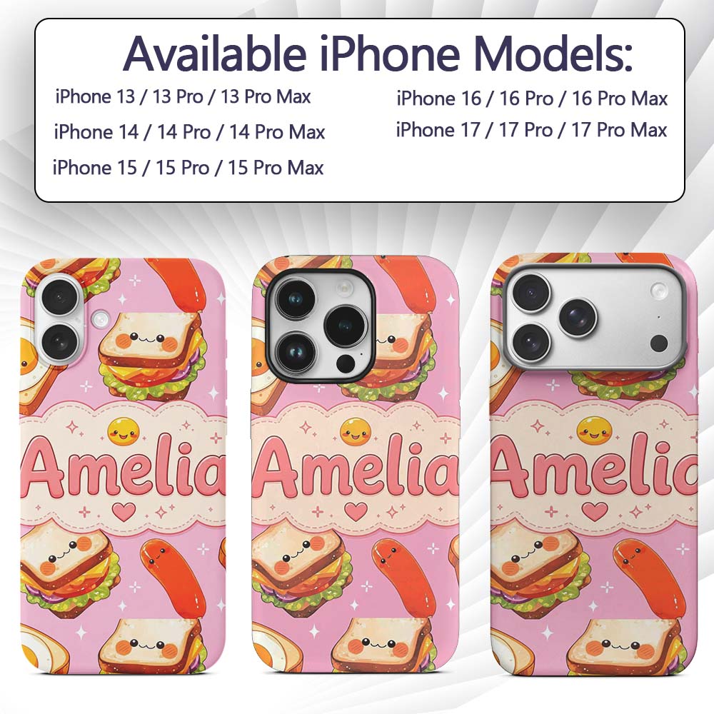 Breakfast Food Eggs Sausage Sandwich Seamless Custom Name Protective Phone Case Mobile Cover Durable Everyday Smartphone Shock Resistant