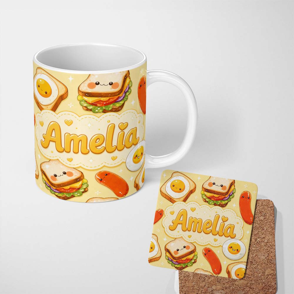 Personalized Custom Name Breakfast Food Eggs Sausage Sandwich Seamless Pattern Yellow 11oz Ceramic Coffee Tea Mug White Large Handle