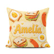 Custom Name Breakfast Food Eggs Sausage Sandwich Seamless Yellow Square Filled Cushion Throw Pillow Sofa Bed Home Decor Zip Washable UK Made