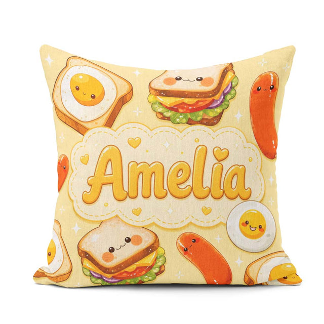 Custom Name Breakfast Food Eggs Sausage Sandwich Seamless Yellow Square Filled Cushion Throw Pillow Sofa Bed Home Decor Zip Washable UK Made