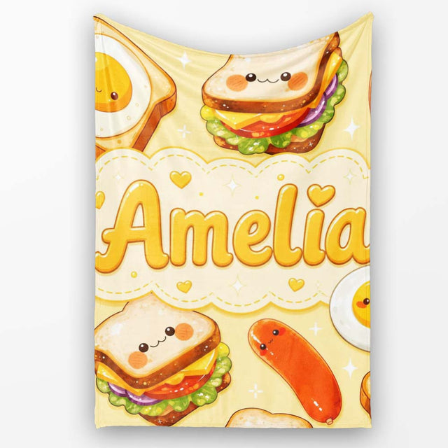 Breakfast Food Eggs Sausage Sandwich Seamless Pattern Yellow  Personalised Custom Name Super Soft Fleece Blanket Bed Sofa Throw