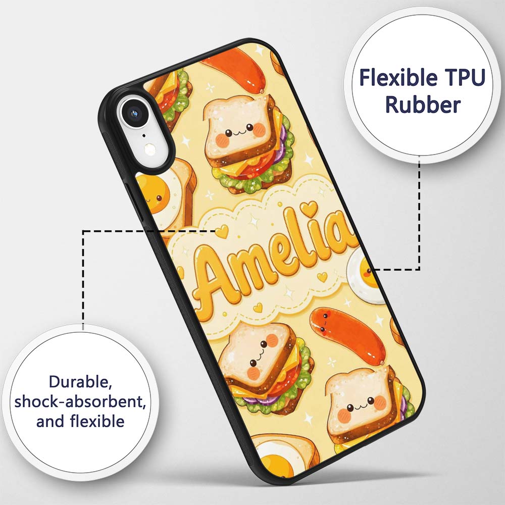 Breakfast Food Eggs Sausage Sandwich Seamless Custom Name Protective Phone Case Mobile Cover Durable Everyday Smartphone Shock Resistant