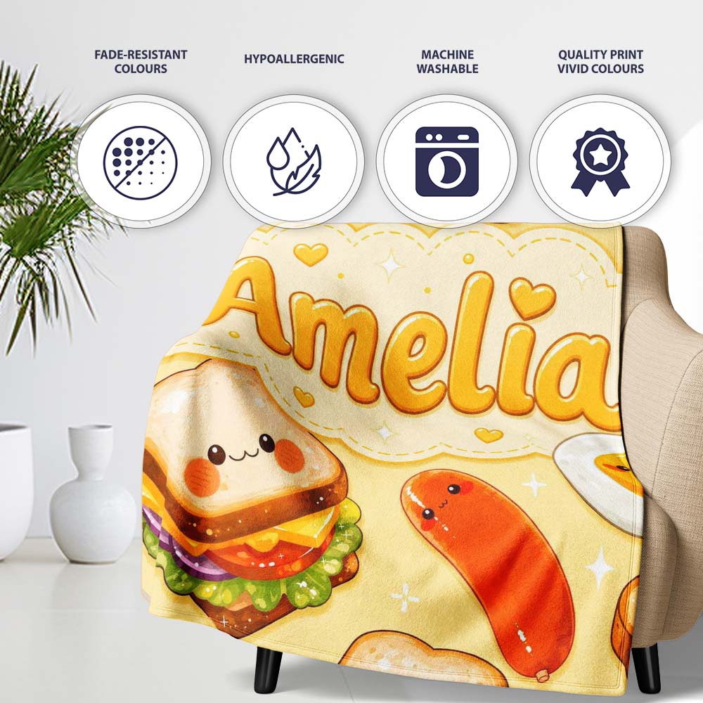 Breakfast Food Eggs Sausage Sandwich Seamless Pattern Yellow  Personalised Custom Name Super Soft Fleece Blanket Bed Sofa Throw