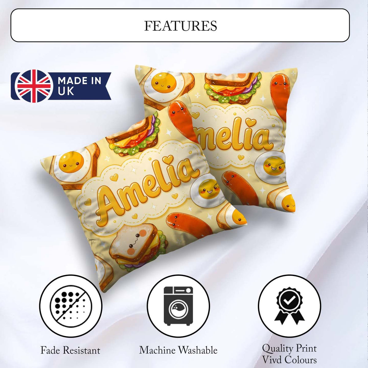 Custom Name Breakfast Food Eggs Sausage Sandwich Seamless Yellow Square Filled Cushion Throw Pillow Sofa Bed Home Decor Zip Washable UK Made