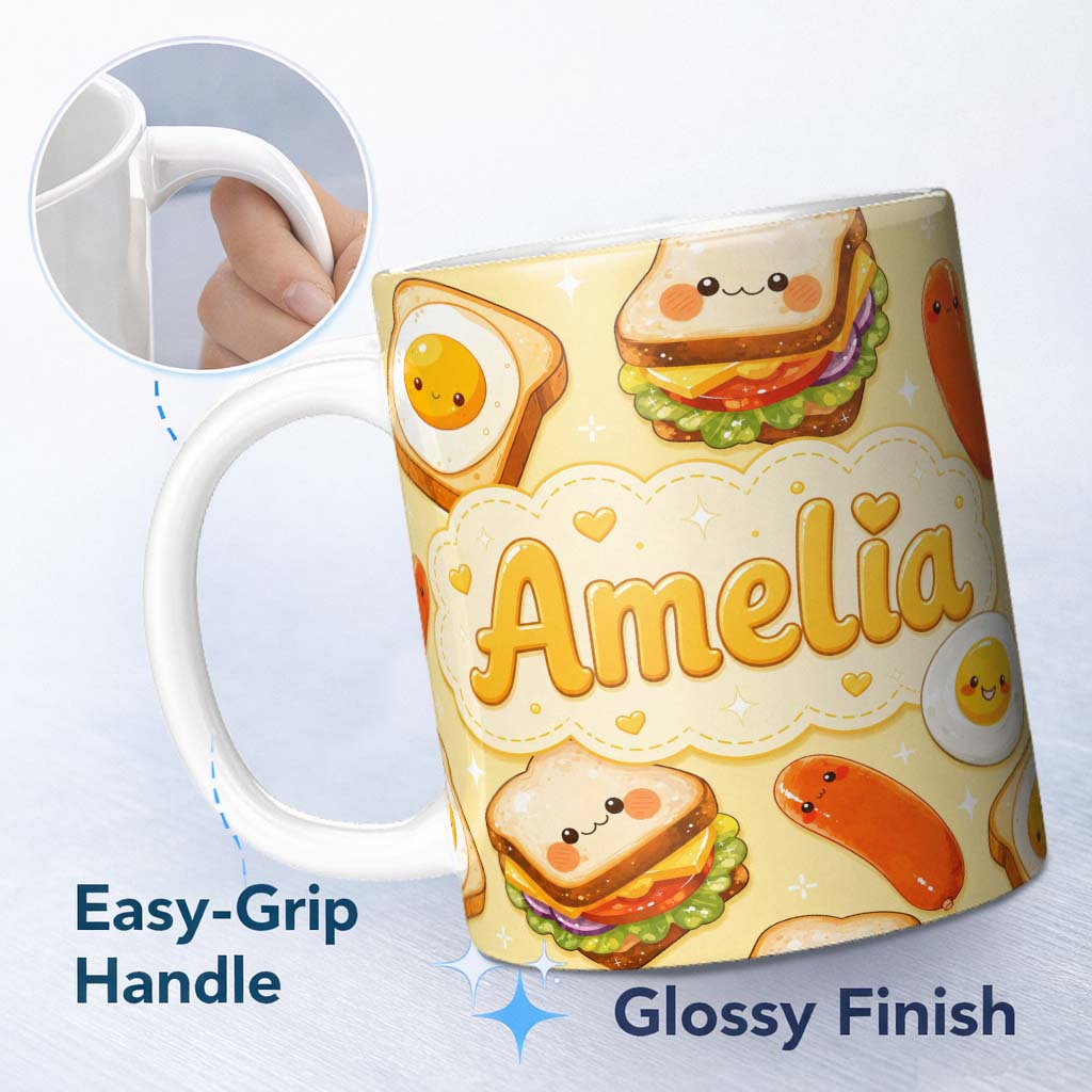 Personalized Custom Name Breakfast Food Eggs Sausage Sandwich Seamless Pattern Yellow 11oz Ceramic Coffee Tea Mug White Large Handle