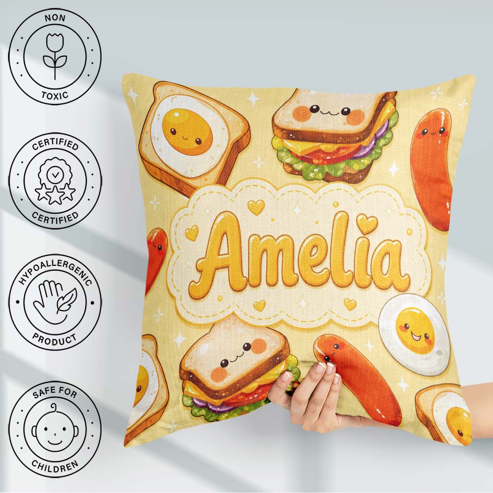 Custom Name Breakfast Food Eggs Sausage Sandwich Seamless Yellow Square Filled Cushion Throw Pillow Sofa Bed Home Decor Zip Washable UK Made