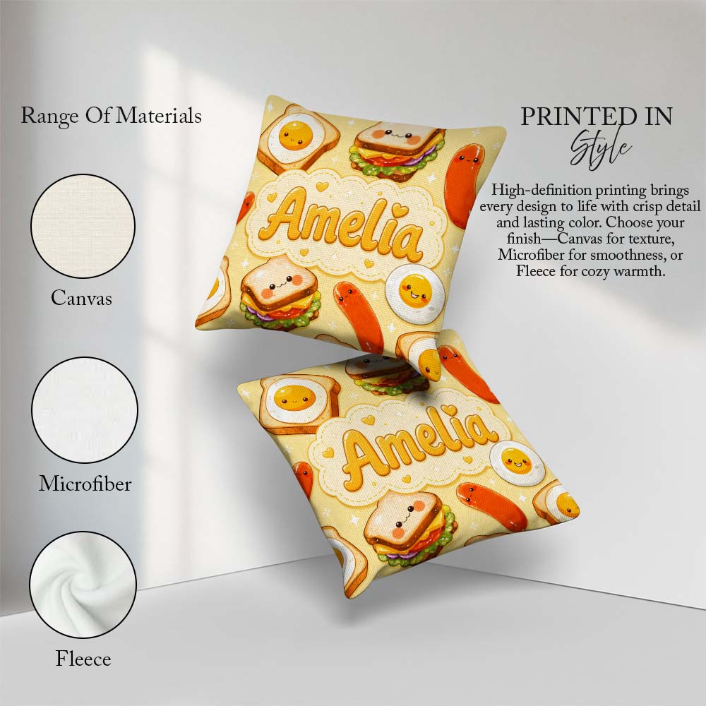 Custom Name Breakfast Food Eggs Sausage Sandwich Seamless Yellow Square Filled Cushion Throw Pillow Sofa Bed Home Decor Zip Washable UK Made