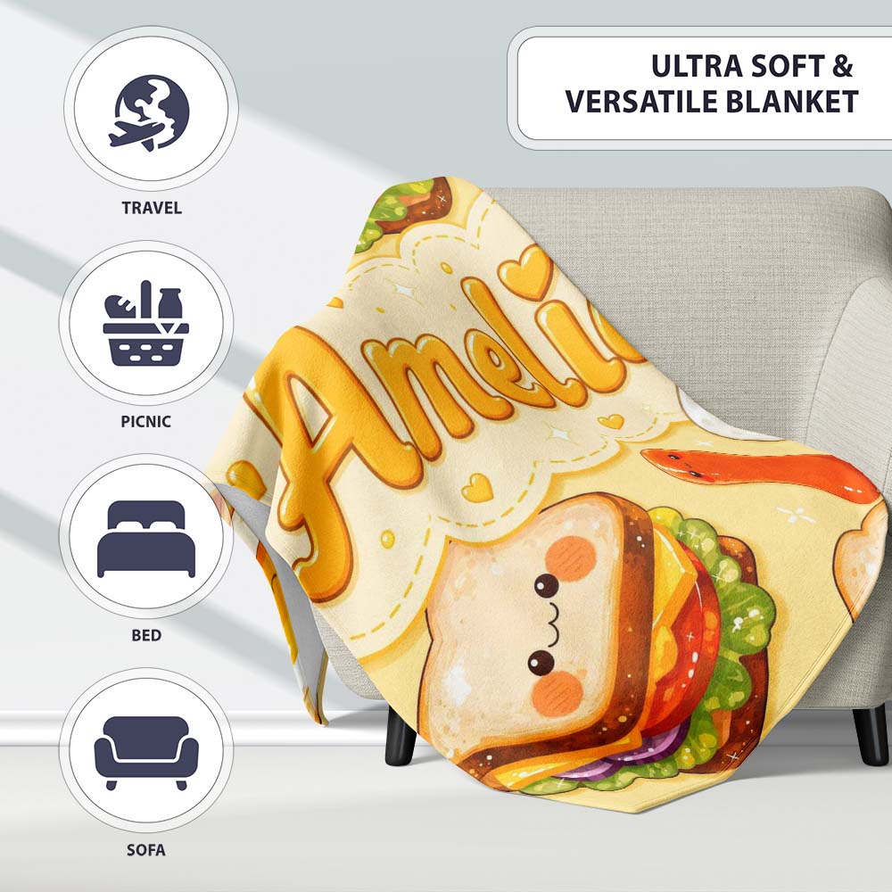 Breakfast Food Eggs Sausage Sandwich Seamless Pattern Yellow  Personalised Custom Name Super Soft Fleece Blanket Bed Sofa Throw