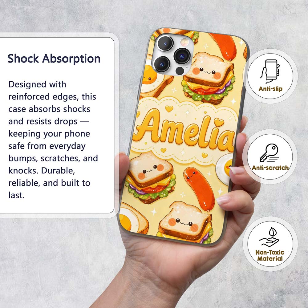 Breakfast Food Eggs Sausage Sandwich Seamless Custom Name Protective Phone Case Mobile Cover Durable Everyday Smartphone Shock Resistant