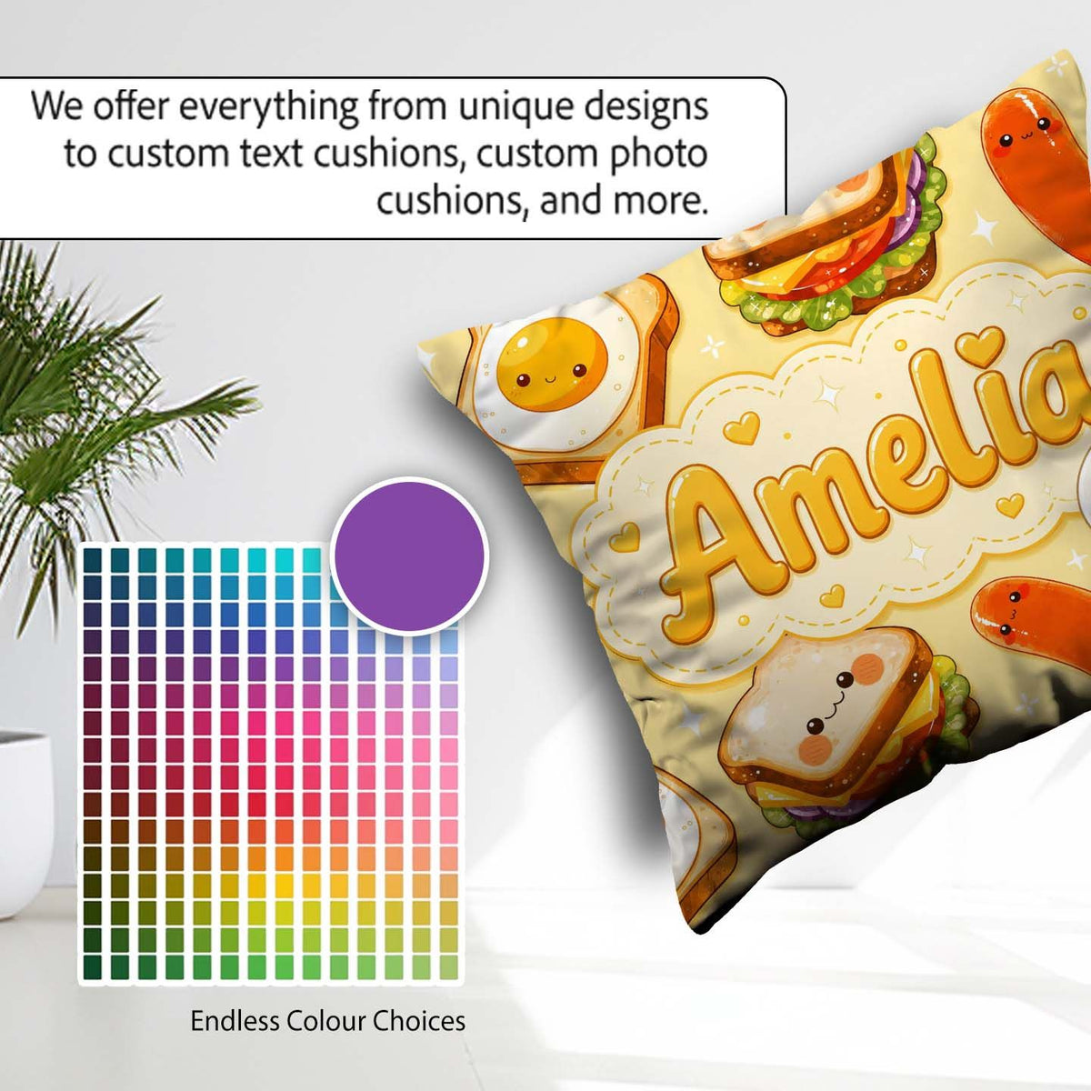 Custom Name Breakfast Food Eggs Sausage Sandwich Seamless Yellow Square Filled Cushion Throw Pillow Sofa Bed Home Decor Zip Washable UK Made