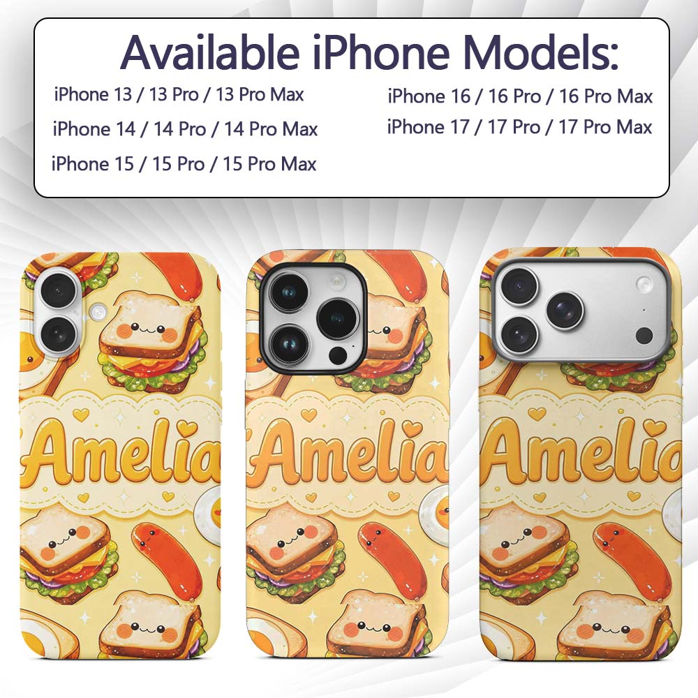 Breakfast Food Eggs Sausage Sandwich Seamless Custom Name Protective Phone Case Mobile Cover Durable Everyday Smartphone Shock Resistant