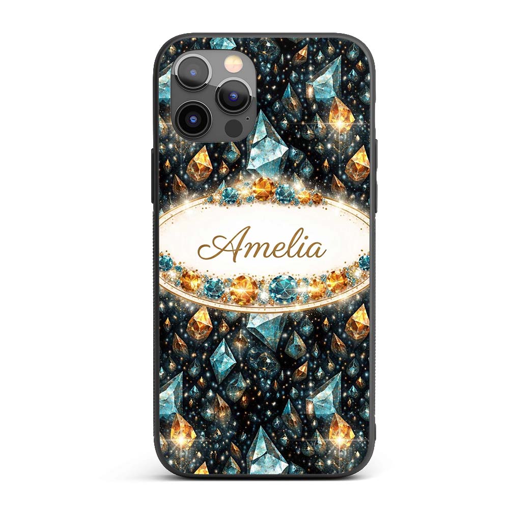 Abstract Teal Gold Crystal Texture Printed Design Custom Name Protective Phone Case Mobile Cover Durable Everyday Smartphone Shock Resistant