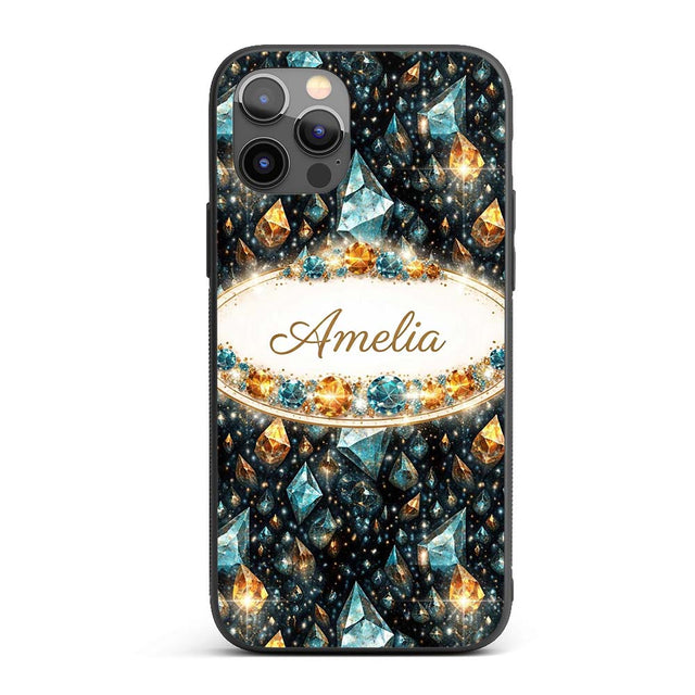 Abstract Teal Gold Crystal Texture Printed Design Custom Name Protective Phone Case Mobile Cover Durable Everyday Smartphone Shock Resistant