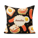 Custom Name Breakfast Food Eggs Sausage Sandwich Seamless Black Square Filled Cushion Throw Pillow Sofa Bed Home Decor Zip Washable UK Made