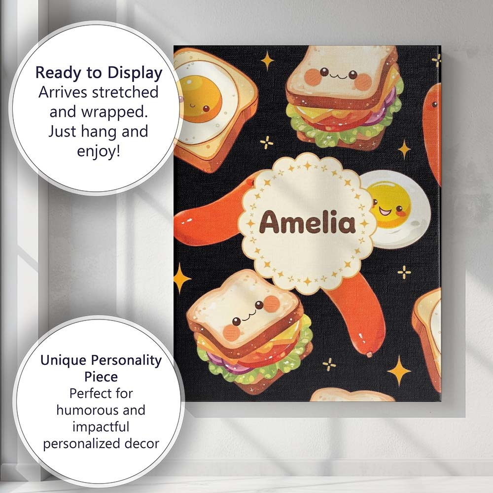 Personalised Name Breakfast Food Eggs Custom Modern Room Accent Creative Decorator Style Canvas Wall Art Print Decor Picture Ready to Hang