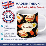 Personalized Custom Name Breakfast Food Eggs Sausage Sandwich Seamless Pattern Black Star 11oz Ceramic Coffee Tea Mug White Large Handle