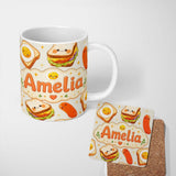 Personalized Custom Name Kawaii Breakfast Food Eggs Sausage Sandwich Seamless Pattern Cream 11oz Ceramic Coffee Tea Mug White Large Handle