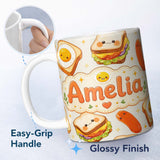 Personalized Custom Name Kawaii Breakfast Food Eggs Sausage Sandwich Seamless Pattern Cream 11oz Ceramic Coffee Tea Mug White Large Handle