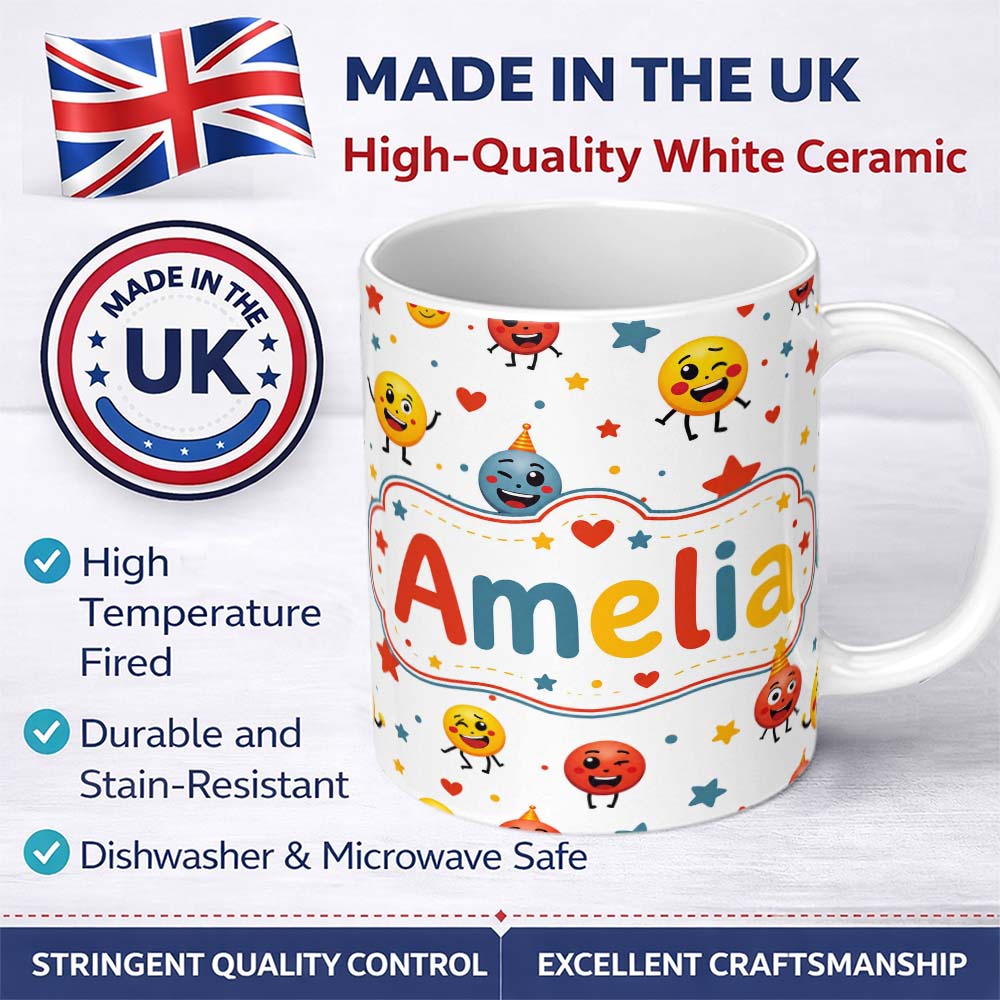 Personalized Custom Name Cute Smiling Emoji Faces Party Hats Stars Seamless Pattern Lovely 11oz Ceramic Coffee Tea Mug White Large Handle