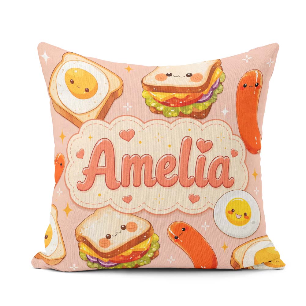 Custom Name Breakfast Food Eggs Sausage Sandwich Seamless Light Square Filled Cushion Throw Pillow Sofa Bed Home Decor Zip Washable UK Made