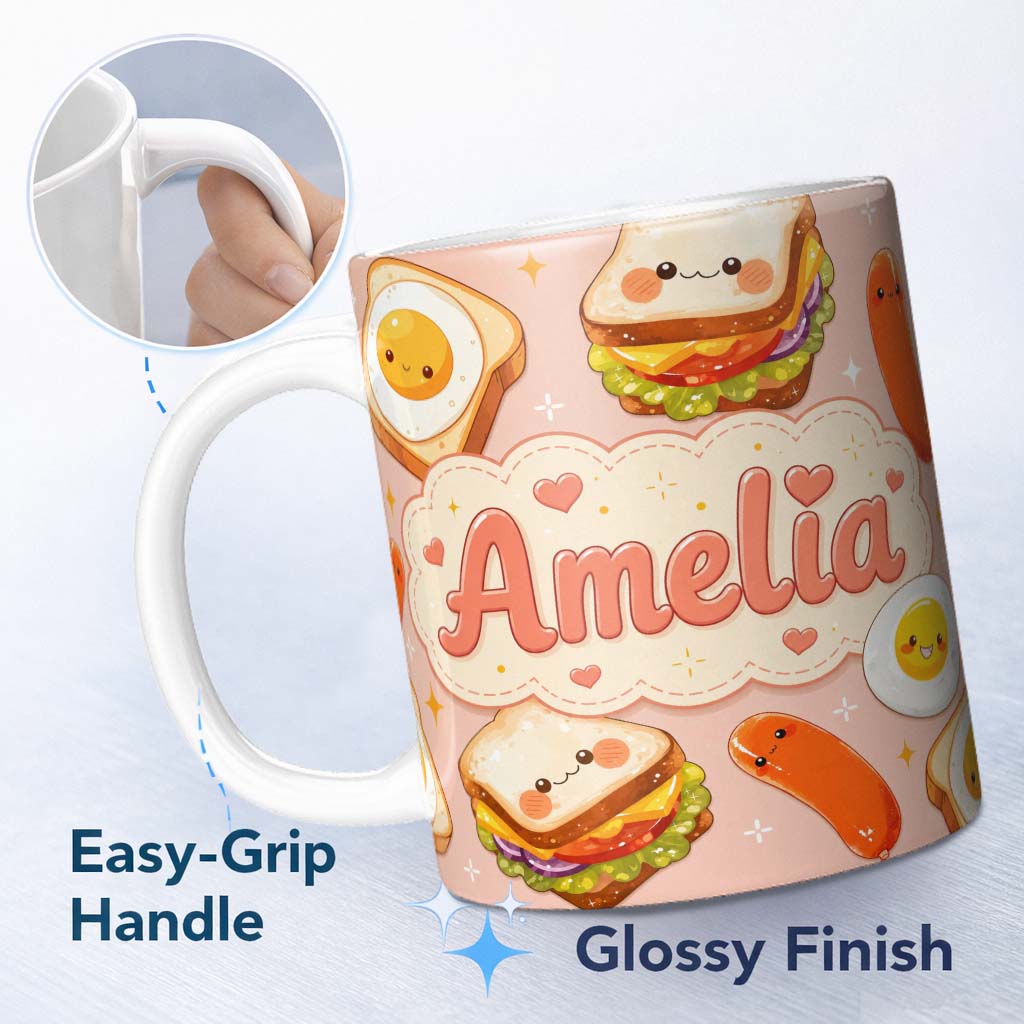 Personalized Custom Name Breakfast Food Eggs Sausage Sandwich Seamless Pattern Light Grey 11oz Ceramic Coffee Tea Mug White Large Handle