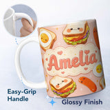 Personalized Custom Name Breakfast Food Eggs Sausage Sandwich Seamless Pattern Light Grey 11oz Ceramic Coffee Tea Mug White Large Handle