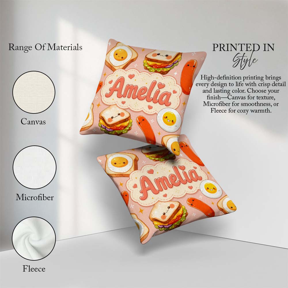 Custom Name Breakfast Food Eggs Sausage Sandwich Seamless Light Square Filled Cushion Throw Pillow Sofa Bed Home Decor Zip Washable UK Made