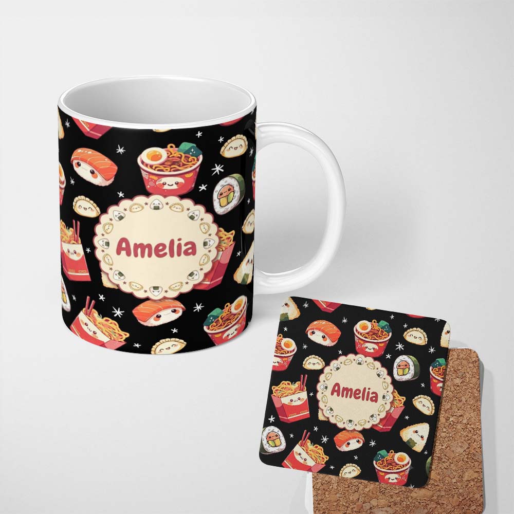 Personalized Custom Name Cute Kawaii Japanese Food Sushi Ramen Dumpling Seamless Pattern 11oz Ceramic Coffee Tea Mug White Large Handle