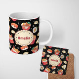 Personalized Custom Name Cute Kawaii Japanese Food Sushi Ramen Dumpling Seamless Pattern 11oz Ceramic Coffee Tea Mug White Large Handle